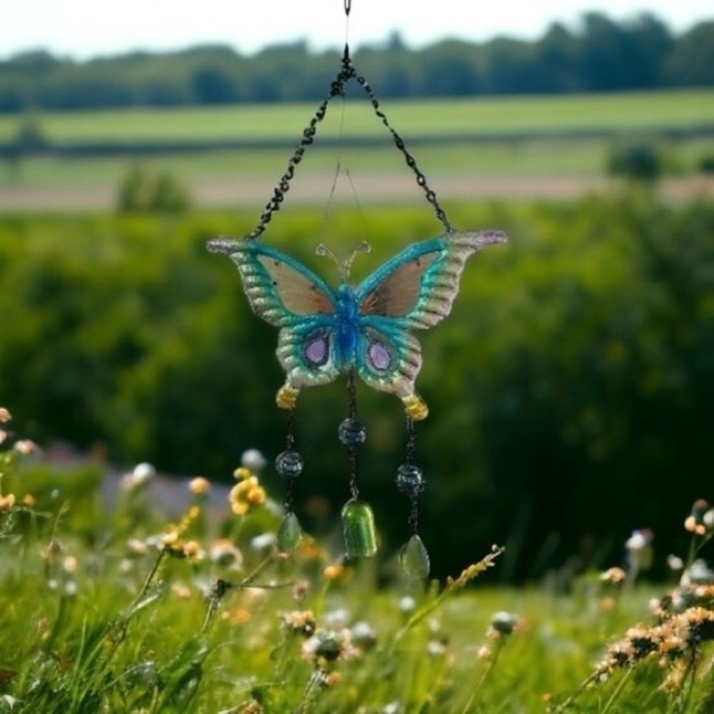 Colorful Butterfly Wind Chime Stained Glass Rhinestone Metal 11.5x19 Outdoor